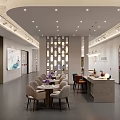 Minimalist Yoga Academy Reception With Circular Decor Plant And Ceiling Light