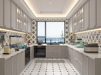 Modern Kitchen Interior With Light Gray Cabinets Black White Geometric Tile Backsplash And Large Window 3d model