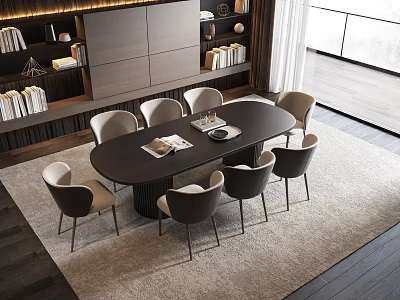 Modern Dining Table Set With Oval Black Top And Six Grey Chairs Bookshelves Books Decorations 3d model