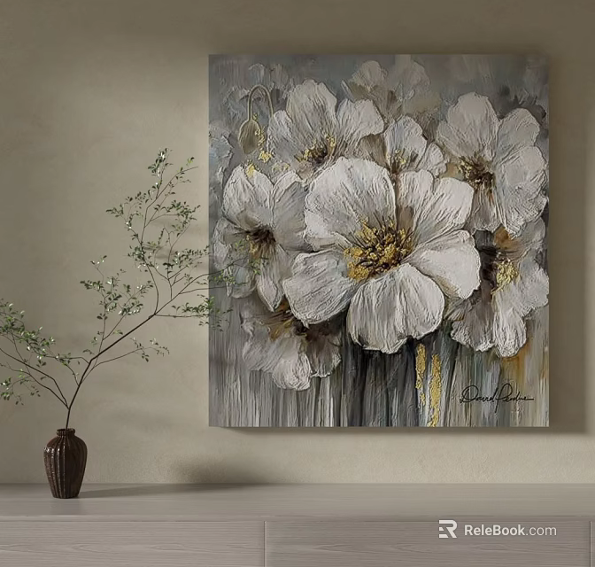 Botanical Painting With White Flowers Textured Design Gray Background And Decorative Vase 3d model 