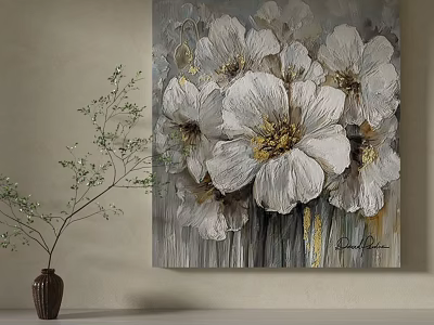 Botanical Painting With White Flowers Textured Design Gray Background And Decorative Vase 3d model