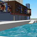 Modern Commercial Street With Blue Glass Tower And Water Pool Area