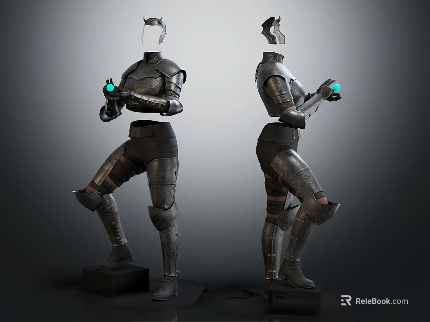 Realistic Armor Mannequin Figure Holding Blue Glowing Objects In Two Views 3d model 