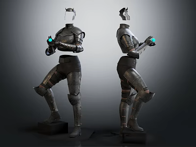 Realistic Armor Mannequin Figure Holding Blue Glowing Objects In Two Views 3d model