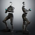 Realistic Armor Mannequin Figure Holding Blue Glowing Objects In Two Views 3d model