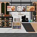 Modern Reception Counter Interior with Milk Tea Bread Shelves Drinks Cash Register and Green Plants