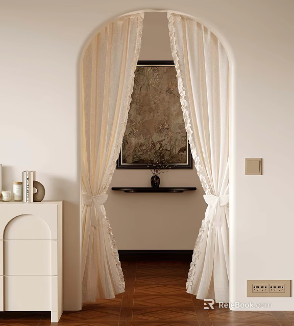 Elegant Interior with White Lace Curtains Wall Painting Vase and Decorative Shelf 3d model 