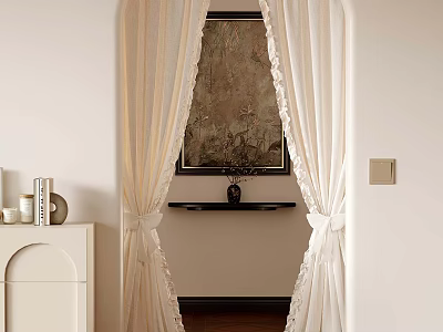 Elegant Interior with White Lace Curtains Wall Painting Vase and Decorative Shelf 3d model
