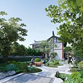 Traditional Chinese Garden Landscape With Stone Path Lotus Pond And Green Plants