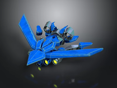 Blue Sci Fi Mechanical Spaceship Model With Wings And Yellow Lights 3d model