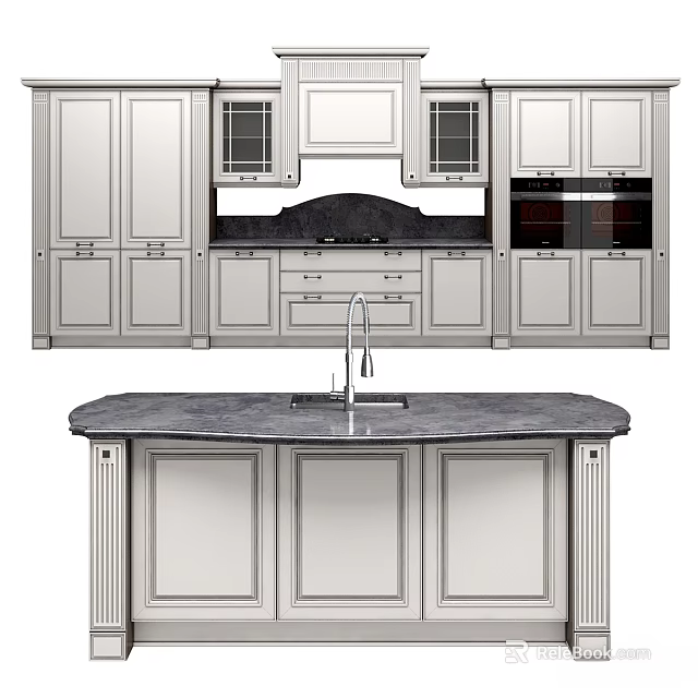 Modern Kitchen Interior With White Cabinets Marble Countertop Island Sink 3d model 