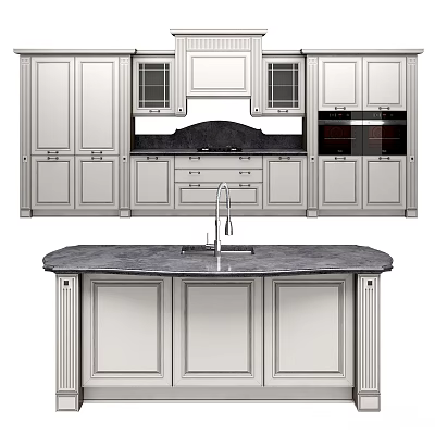 Modern Kitchen Interior With White Cabinets Marble Countertop Island Sink 3d model