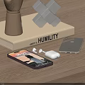 Smartphone With Display Wireless Earbuds And Digital Accessories On Wooden Table