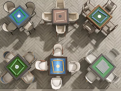 Multiple Modern Game Tables With Various Colorful Top Designs And Surrounding Chairs For Entertainment Areas 3d model