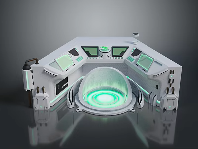 Futuristic Tech Equipment With Glowing Green Ring Control Panels And Screens 3d model
