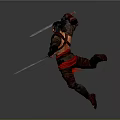 Game Movie Warrior Character In Battle Stance With Dual Swords Red Black Attire