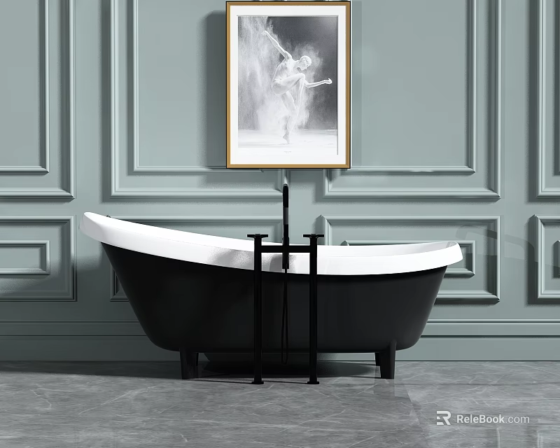 Elegant Black And White Bathtub With Stand On Tile Floor Against Paneled Wall And Artwork 3d model 