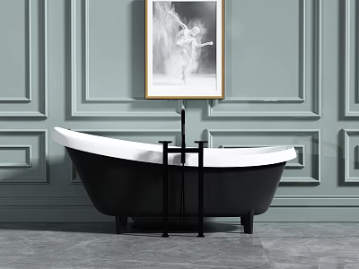 Elegant Black And White Bathtub With Stand On Tile Floor Against Paneled Wall And Artwork 3d model