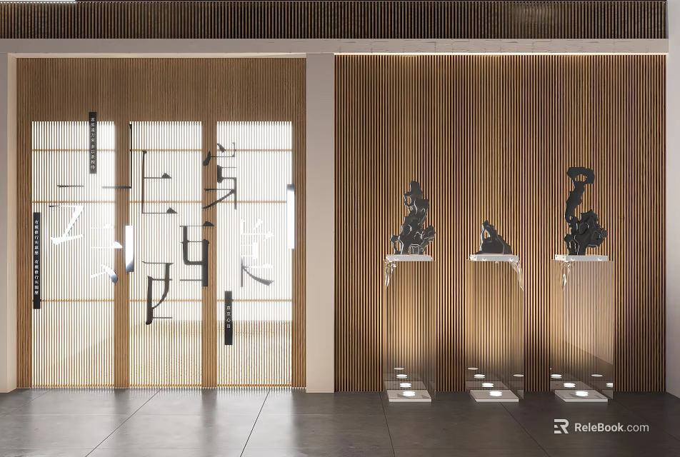 Black Carved Sculptures Display On Transparent Pedestals With Wooden Vertical Slat Wall 3d model 