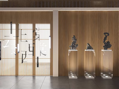 Black Carved Sculptures Display On Transparent Pedestals With Wooden Vertical Slat Wall 3d model