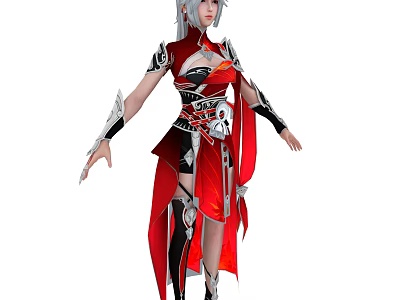 Fantasy Woman With Silver Hair In Red And Black Armor Detailed Outfit 3d model