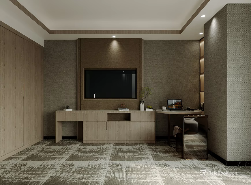 Modern Hotel Room With Wooden Accents Built-in TV Desk And Patterned Carpet 3d model 