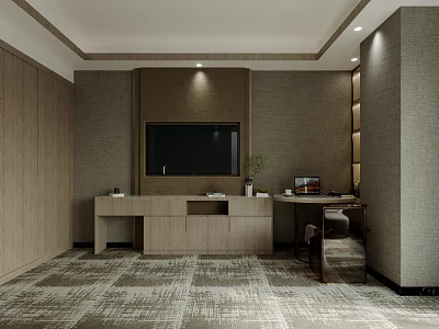 Modern Hotel Room With Wooden Accents Built-in TV Desk And Patterned Carpet 3d model