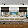 School Classroom With Neatly Arranged Desks And Chairs Front Blackboard Windows Ceiling Lights Green Plant