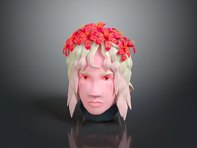 Pink Faced Character With Light Colored Hair Red Flower Headpiece And Red Eyes 3d model