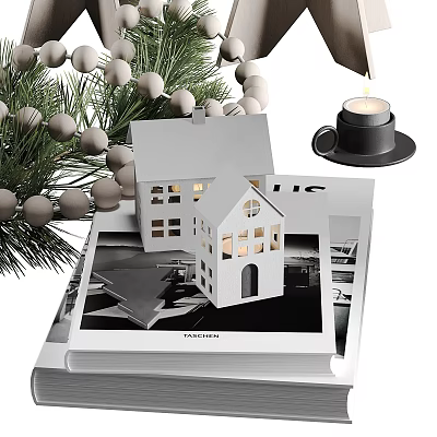 Festive Cozy Decorative Ornament Set With Mini House Candle Books And Pine Branches 3d model