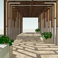 Wooden Pergola with Glass Panels Green Plants and Sunlight Shadow on Stone Floor