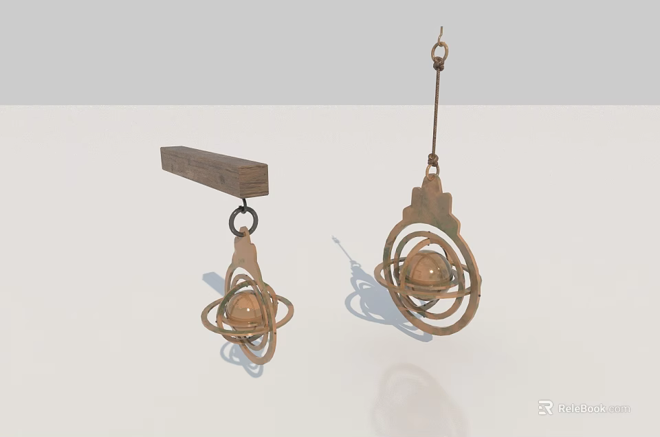 Metallic Hanging Pendant With Spherical Design And Circular Rings On Wooden Hook 3d model 