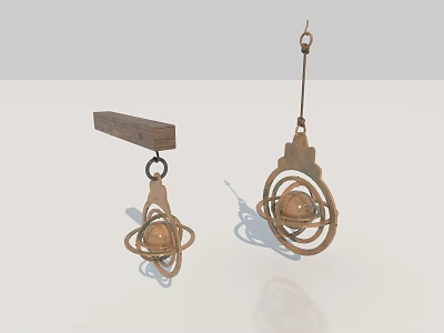 Metallic Hanging Pendant With Spherical Design And Circular Rings On Wooden Hook 3d model