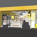 Bright Yellow Shopping Mall Store Entrance with Shelves Products and Shopping Carts