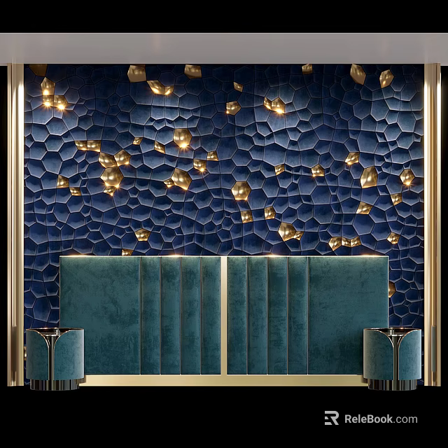Dark Blue Textured Background Wall With Shiny Gold Decorations And Green Upholstered Backrest 3d model 