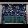 Dark Blue Textured Background Wall With Shiny Gold Decorations And Green Upholstered Backrest