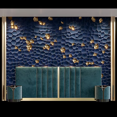 Dark Blue Textured Background Wall With Shiny Gold Decorations And Green Upholstered Backrest 3d model