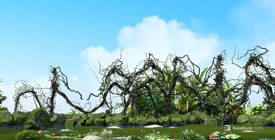 Lush Twisted Vines In Natural Outdoor Garden Landscape With Stone Wall And Green Plants 3d model 