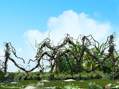 Lush Twisted Vines In Natural Outdoor Garden Landscape With Stone Wall And Green Plants 3d model