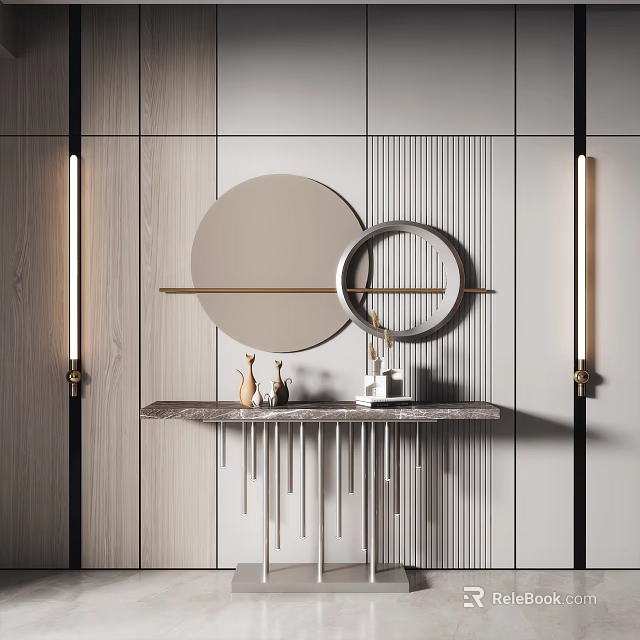 Modern Console Table Design With Marble Top Circular Mirrors And Decorative Figurines 3d model