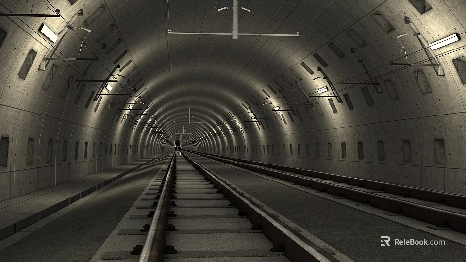 Long Curved Concrete Subway Tunnel With Neat Railway Tracks And Distant Approaching Train Lights 3d model 