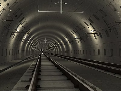Long Curved Concrete Subway Tunnel With Neat Railway Tracks And Distant Approaching Train Lights 3d model