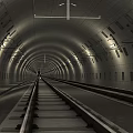Long Curved Concrete Subway Tunnel With Neat Railway Tracks And Distant Approaching Train Lights