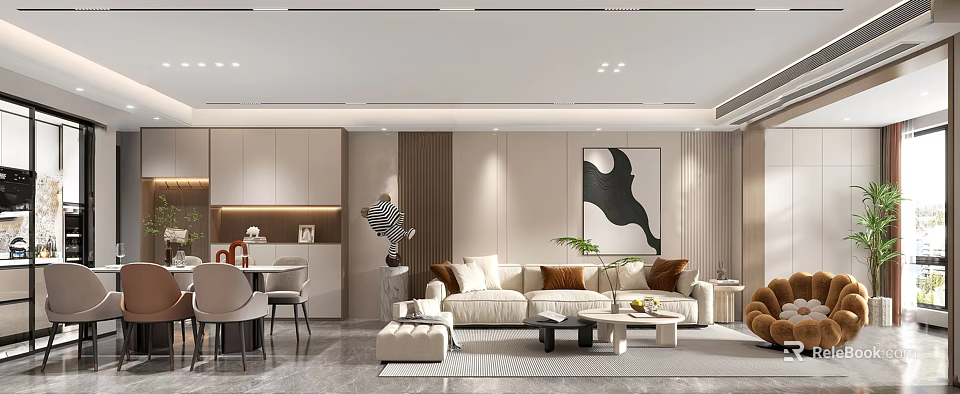 Modern Living and Dining Room Interior With Beige Sofa Coffee Table and Decorative Art 3d model 