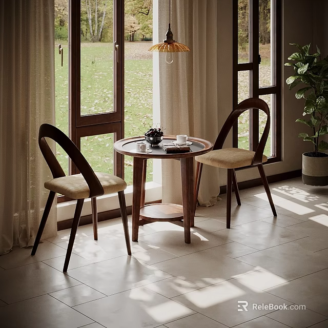 Cozy Leisure Chairs With Round Wooden Table Tea Set And Large Windows In Bright Space 3d model 
