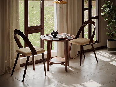 Cozy Leisure Chairs With Round Wooden Table Tea Set And Large Windows In Bright Space 3d model