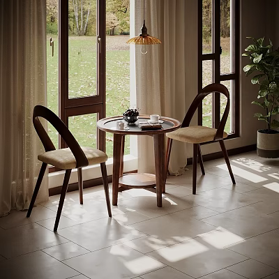 Cozy Leisure Chairs With Round Wooden Table Tea Set And Large Windows In Bright Space 3d model