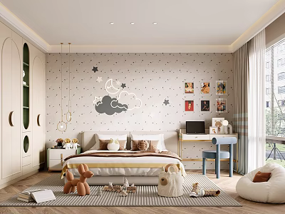 Cozy Kids Room Interior With Star Moon Cloud Wall Decals Bed Pillows Toys And Rug 3d model