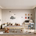 Cozy Kids Room Interior With Star Moon Cloud Wall Decals Bed Pillows Toys And Rug