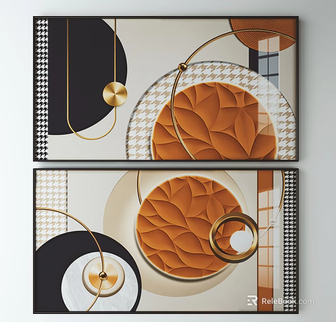Modern Abstract Wall Art With Geometric Patterns Golden Circles And Textured Orange Designs 3d model 